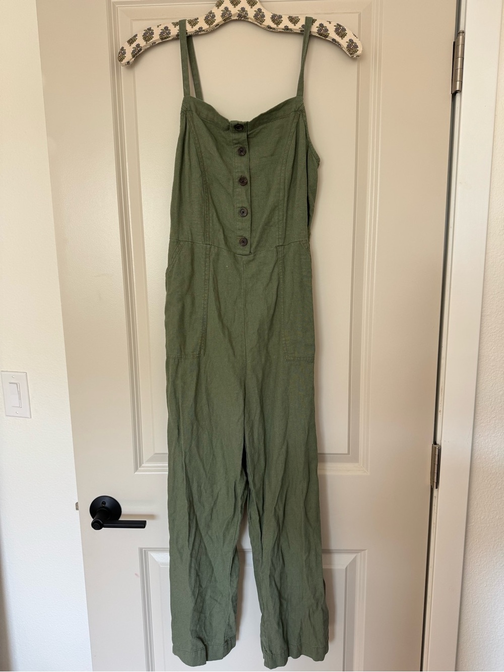 Olive Green Button-Front Linen Jumpsuit